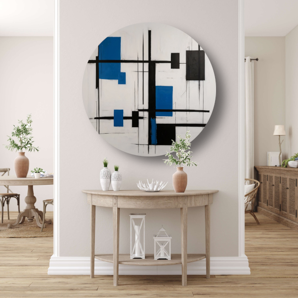 Abstracte Compositie in Zwart, Wit en Blauw forex muurcirkel