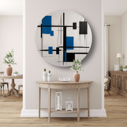 Abstracte Compositie in Zwart, Wit en Blauw forex muurcirkel