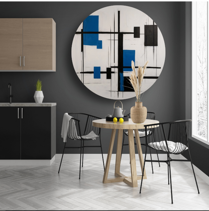 Abstracte Compositie in Zwart, Wit en Blauw forex muurcirkel