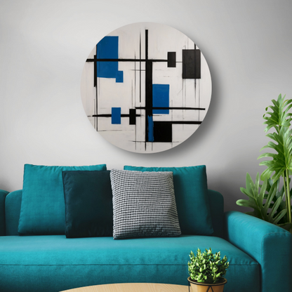 Abstracte Compositie in Zwart, Wit en Blauw forex muurcirkel