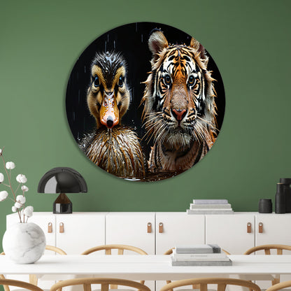 Tijger en eend in harmonie aluminium muurcirkel