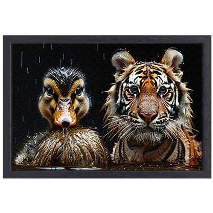 Tijger en eend in harmonie canvas met baklijst