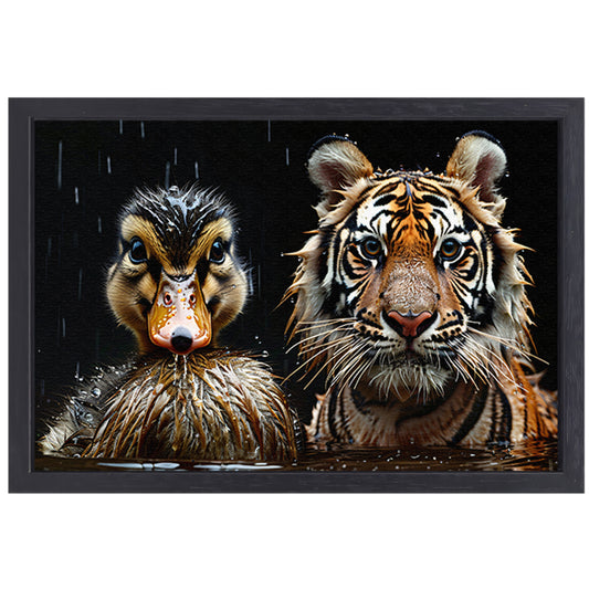 Tijger en eend in harmonie canvas met baklijst