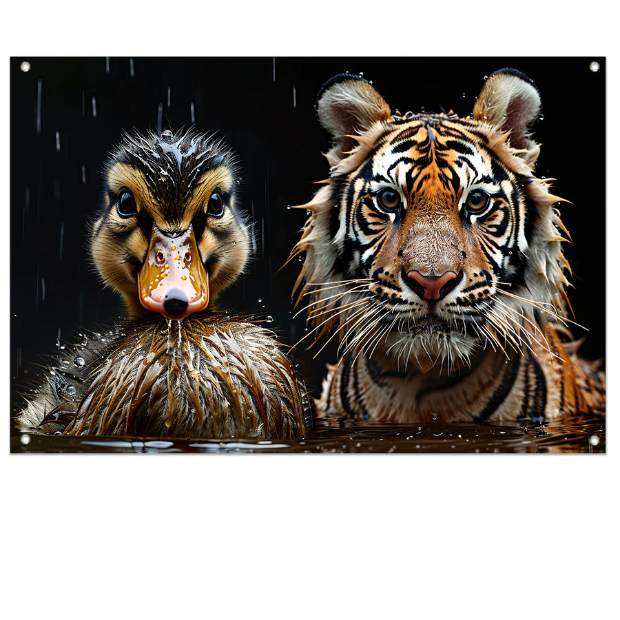 Tijger en eend in harmonie tuinposter