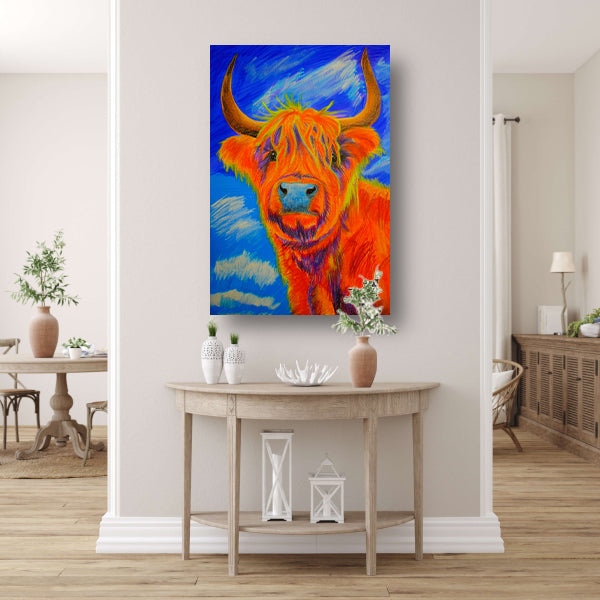 Kleurrijke moderne schilderij van Schotse Hooglander canvas met baklijst