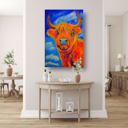 Kleurrijke moderne schilderij van Schotse Hooglander canvas met baklijst
