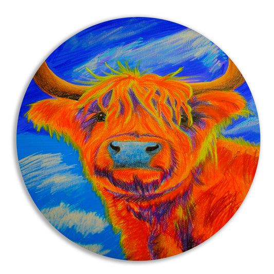 Kleurrijke moderne schilderij van Schotse Hooglander aluminium muurcirkel