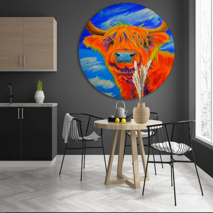 Kleurrijke moderne schilderij van Schotse Hooglander aluminium muurcirkel
