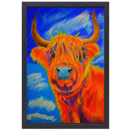 Kleurrijke moderne schilderij van Schotse Hooglander canvas met baklijst