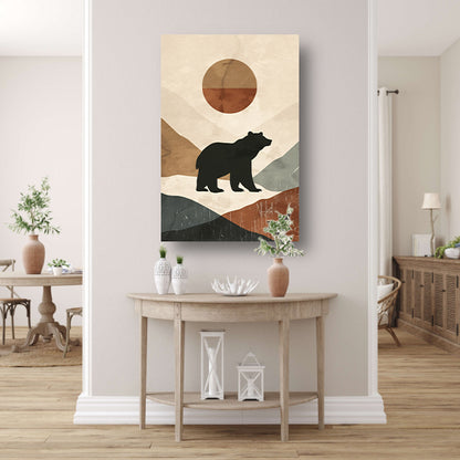 Beer in abstract landschap met geometrische zon poster