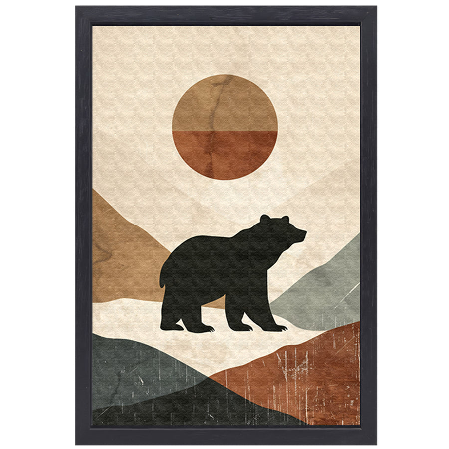 Beer in abstract landschap met geometrische zon canvas met baklijst
