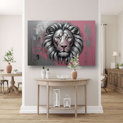 Abstracte Zilveren Leeuw met Roze Achtergrond canvas met baklijst