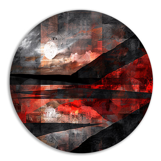 Abstract landschap met dynamische rode accenten aluminium muurcirkel