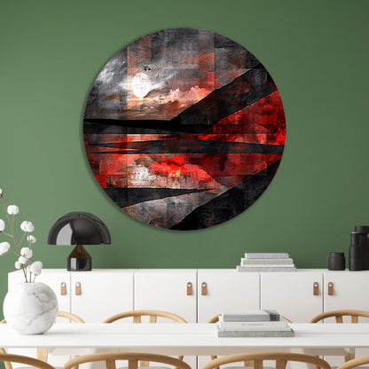 Abstract landschap met dynamische rode accenten aluminium muurcirkel