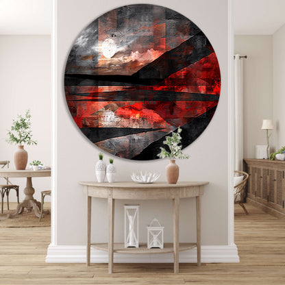 Abstract landschap met dynamische rode accenten aluminium muurcirkel