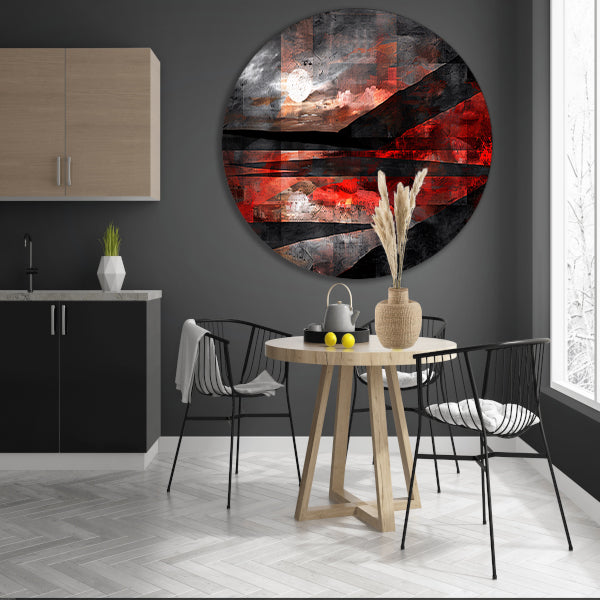 Abstract landschap met dynamische rode accenten aluminium muurcirkel