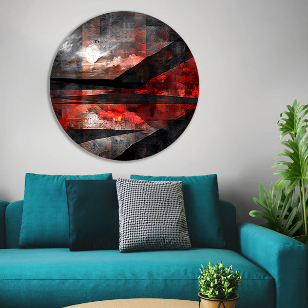 Abstract landschap met dynamische rode accenten aluminium muurcirkel