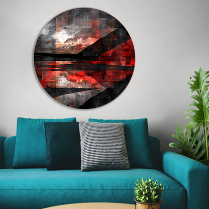 Abstract landschap met dynamische rode accenten aluminium muurcirkel