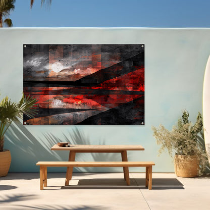 Abstract landschap met dynamische rode accenten tuinposter