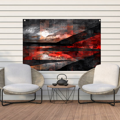 Abstract landschap met dynamische rode accenten tuinposter