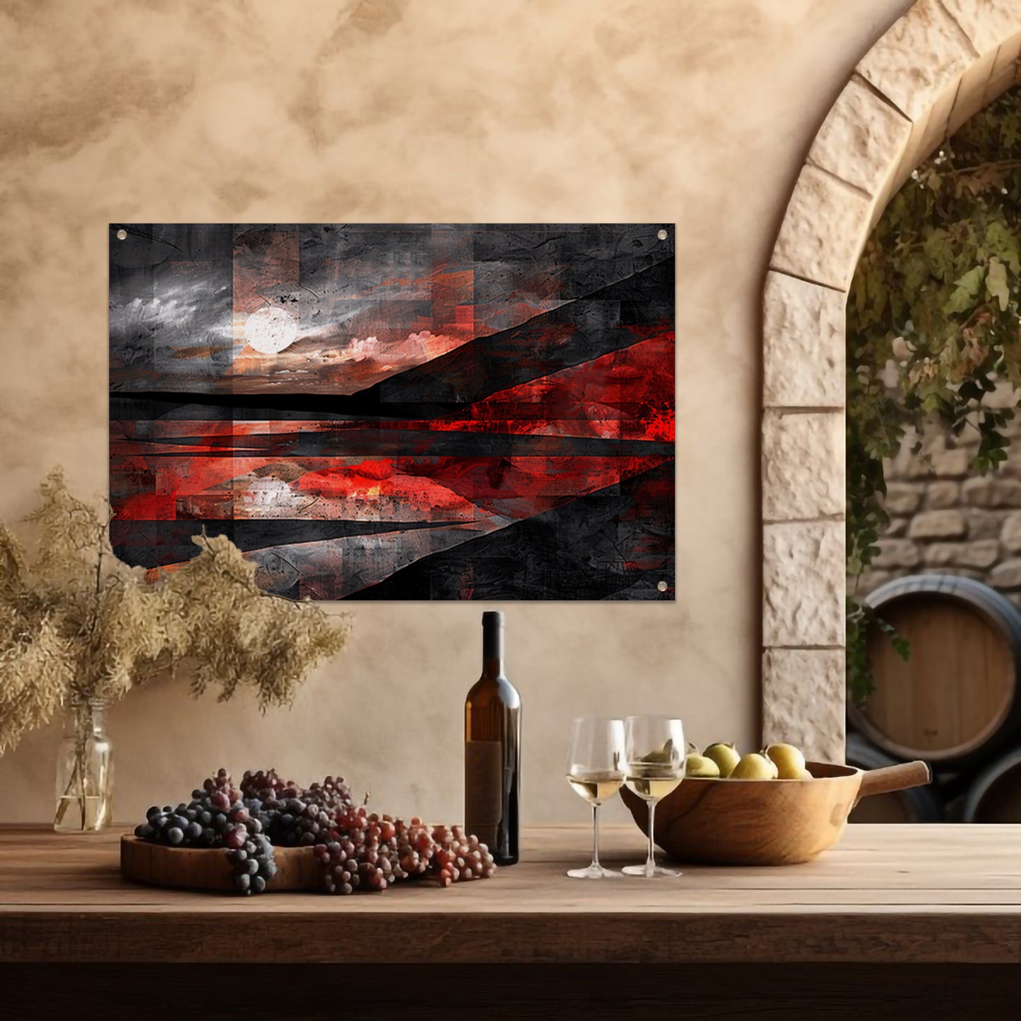 Abstract landschap met dynamische rode accenten tuinposter