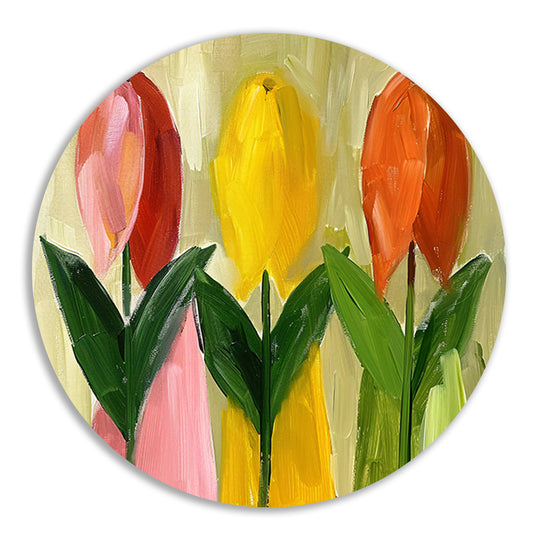 Impressionistisch schilderij van kleurrijke tulpen aluminium muurcirkel