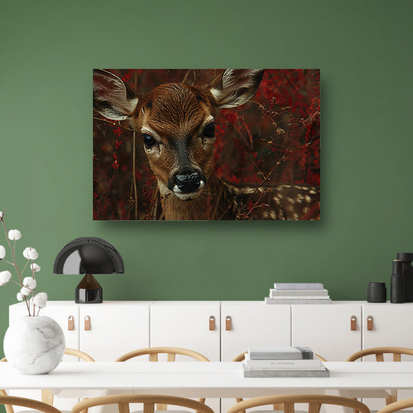 Jong hert verborgen tussen herfstbladeren canvas