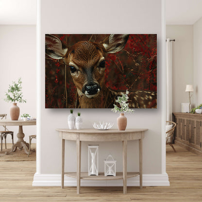 Jong hert verborgen tussen herfstbladeren canvas