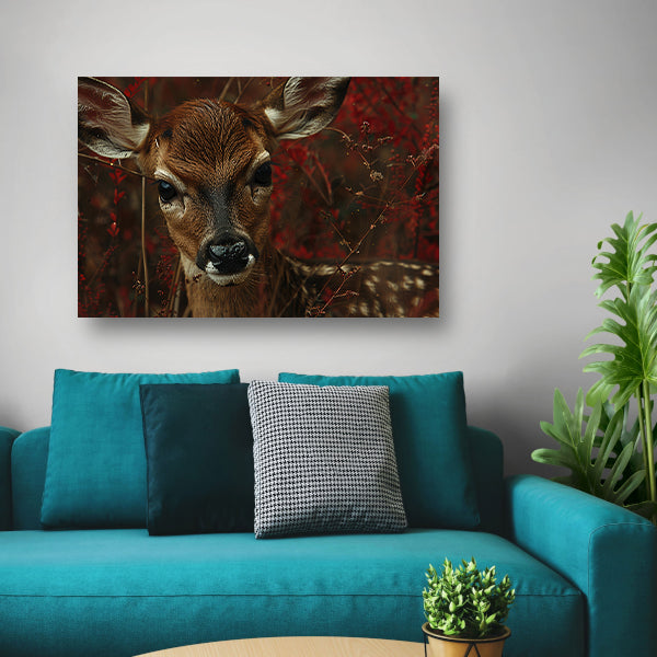 Jong hert verborgen tussen herfstbladeren canvas