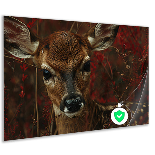 Jong hert verborgen tussen herfstbladeren poster