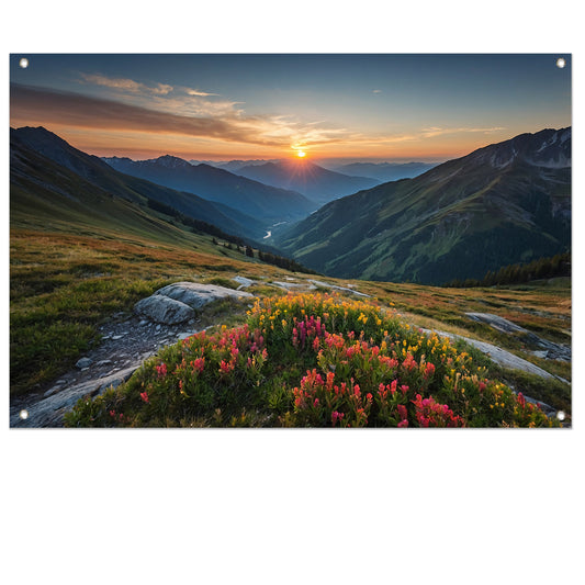 Prachtig berglandschap bij zonsondergang tuinposter