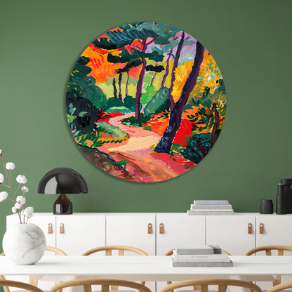 Kleurrijk schilderij van een boslandschap aluminium muurcirkel