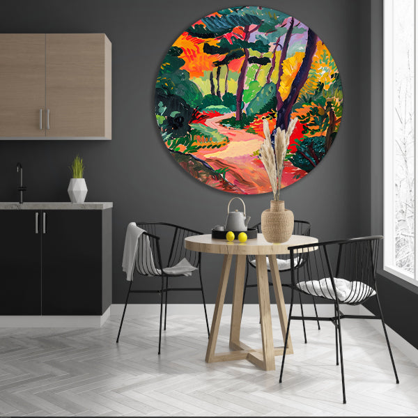 Kleurrijk schilderij van een boslandschap aluminium muurcirkel