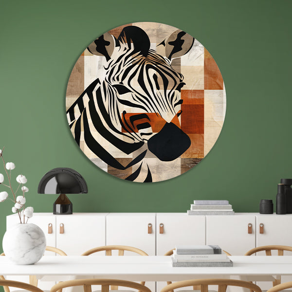 Geometrische Zebra Hoofd op Sepia Achtergrond aluminium muurcirkel