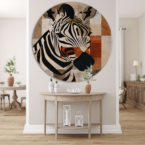 Geometrische Zebra Hoofd op Sepia Achtergrond aluminium muurcirkel