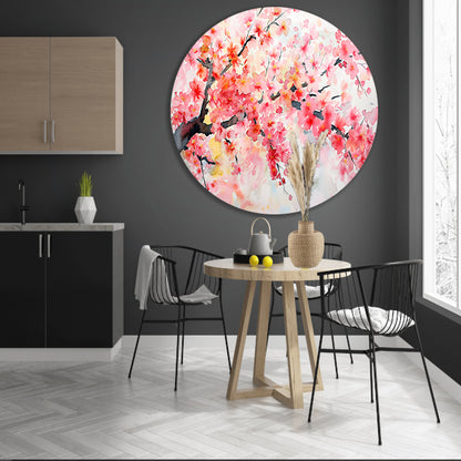 Aquarel van bloeiende kersenbloesemtakken   aluminium muurcirkel