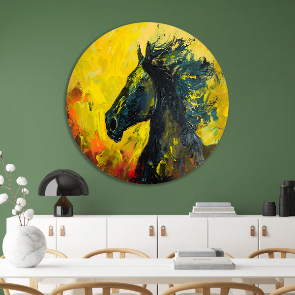 Dynamisch abstract schilderij van een paard aluminium muurcirkel