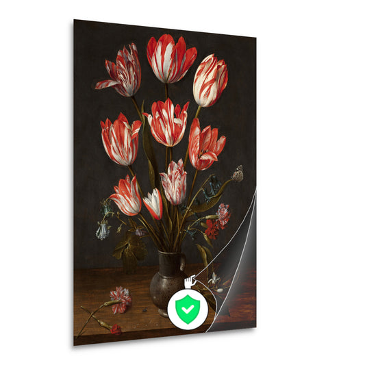 Tulpen en anjers in een aardewerken vaas - Jacob van Hulsdonck poster