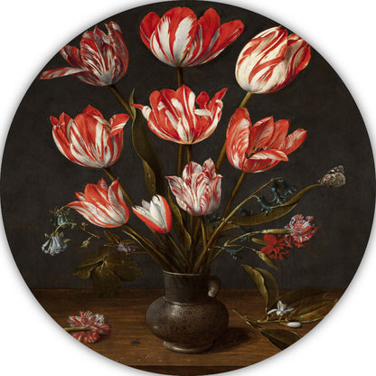 Tulpen en anjers in een aardewerken vaas - Jacob van Hulsdonck aluminium muurcirkel