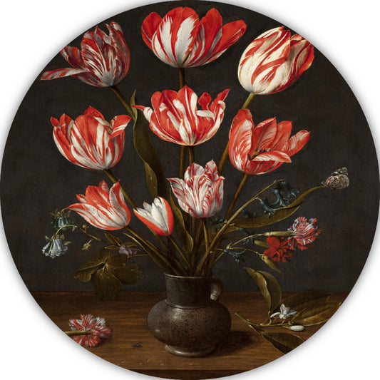 Tulpen en anjers in een aardewerken vaas - Jacob van Hulsdonck aluminium muurcirkel