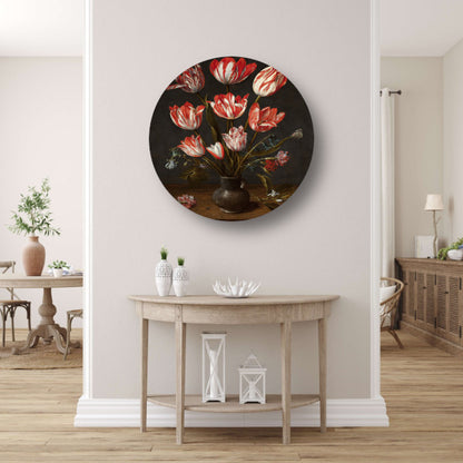 Tulpen en anjers in een aardewerken vaas - Jacob van Hulsdonck aluminium muurcirkel