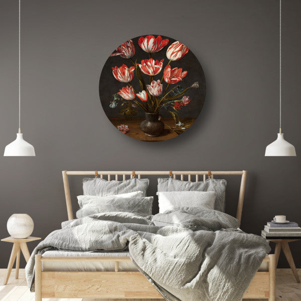 Tulpen en anjers in een aardewerken vaas - Jacob van Hulsdonck aluminium muurcirkel