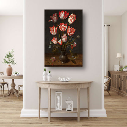 Tulpen en anjers in een aardewerken vaas - Jacob van Hulsdonck poster
