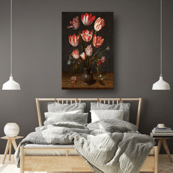 Tulpen en anjers in een aardewerken vaas - Jacob van Hulsdonck poster