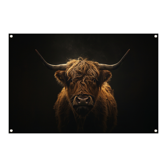 Schotse hooglander blik in het schemerlicht tuinposter