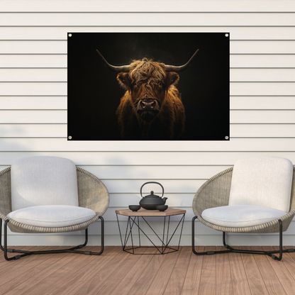 Schotse hooglander blik in het schemerlicht tuinposter