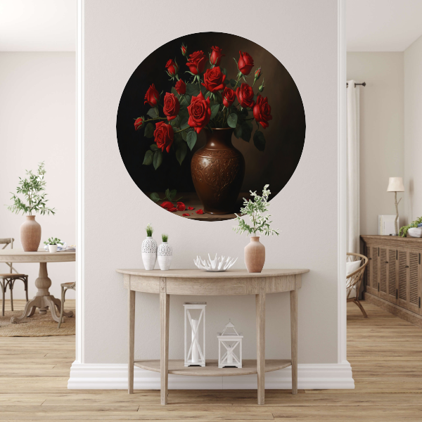 Stille Elegance: Rode Rozen in Sierlijke Vaas aluminium muurcirkel