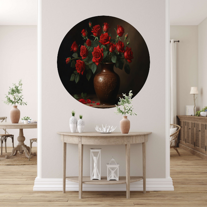 Stille Elegance: Rode Rozen in Sierlijke Vaas aluminium muurcirkel