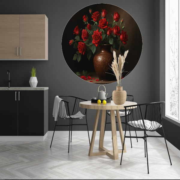 Stille Elegance: Rode Rozen in Sierlijke Vaas aluminium muurcirkel