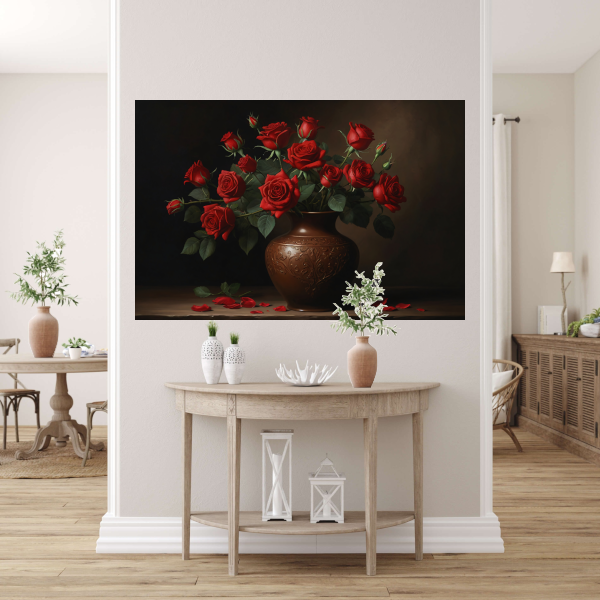 Stille Elegance: Rode Rozen in Sierlijke Vaas acrylglas